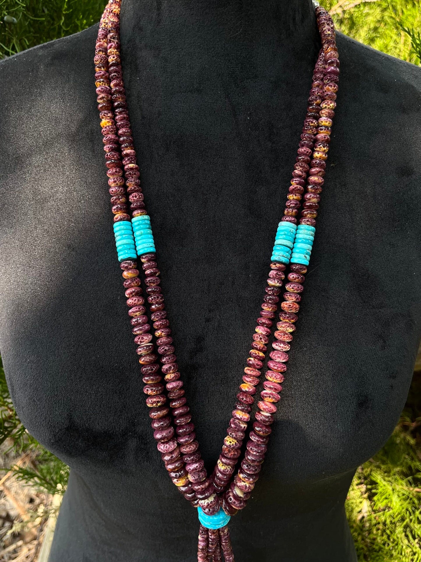 Kingman Turquoise and Spiny Oyster Lariat Heishi Necklace