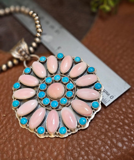 Pink Conch Necklace w/ Kingman Turquoise