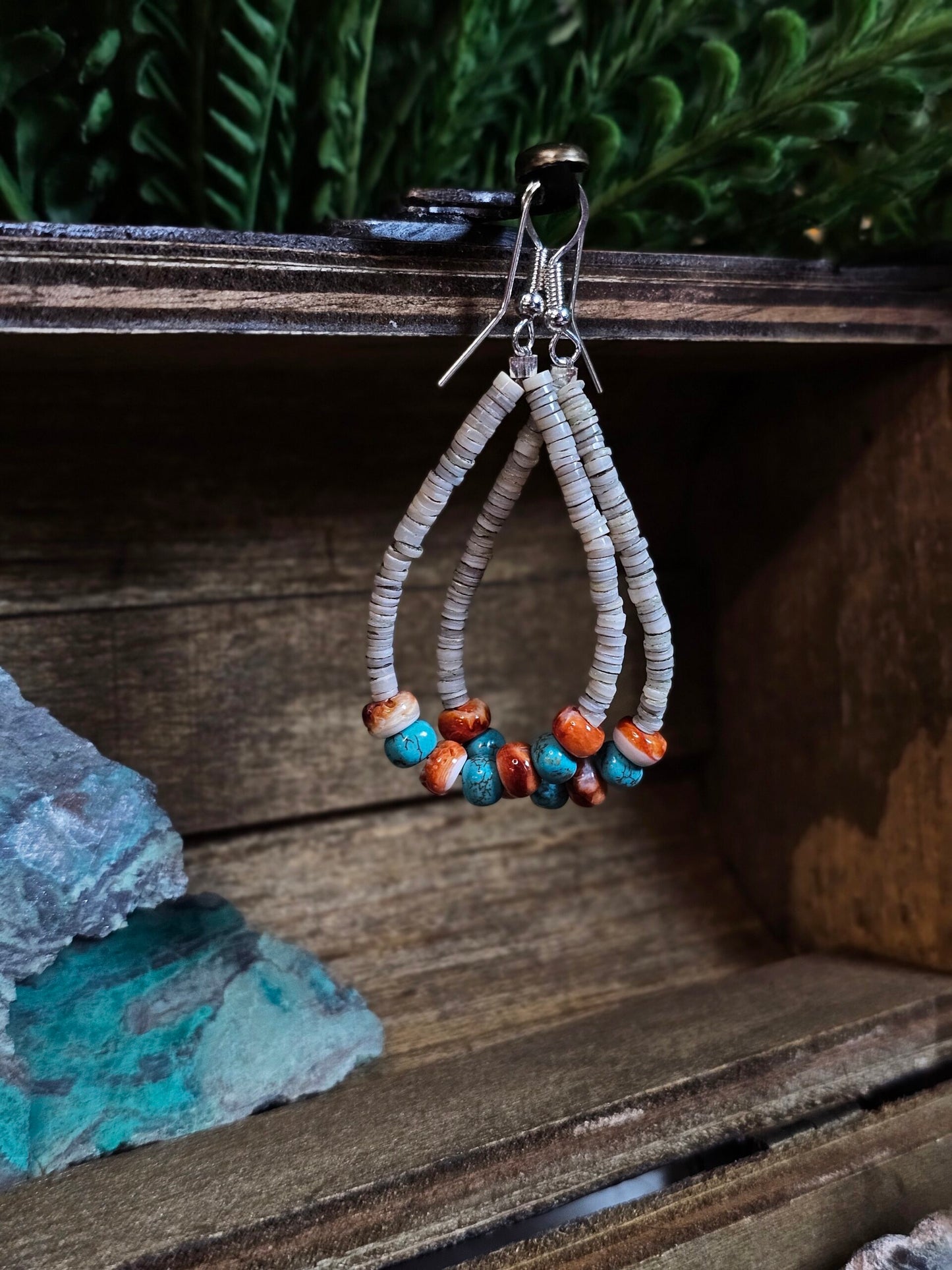 Spiny Oyster Heishi Earrings w/ Royston Turquoise - 2