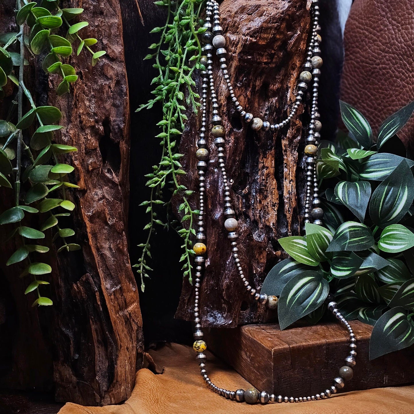72in. Navajo Pearl Necklace w/ Bumble Bee Jasper