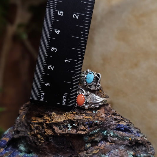 Adjustable Sleeping Beauty Turquoise Ring w/ Coral