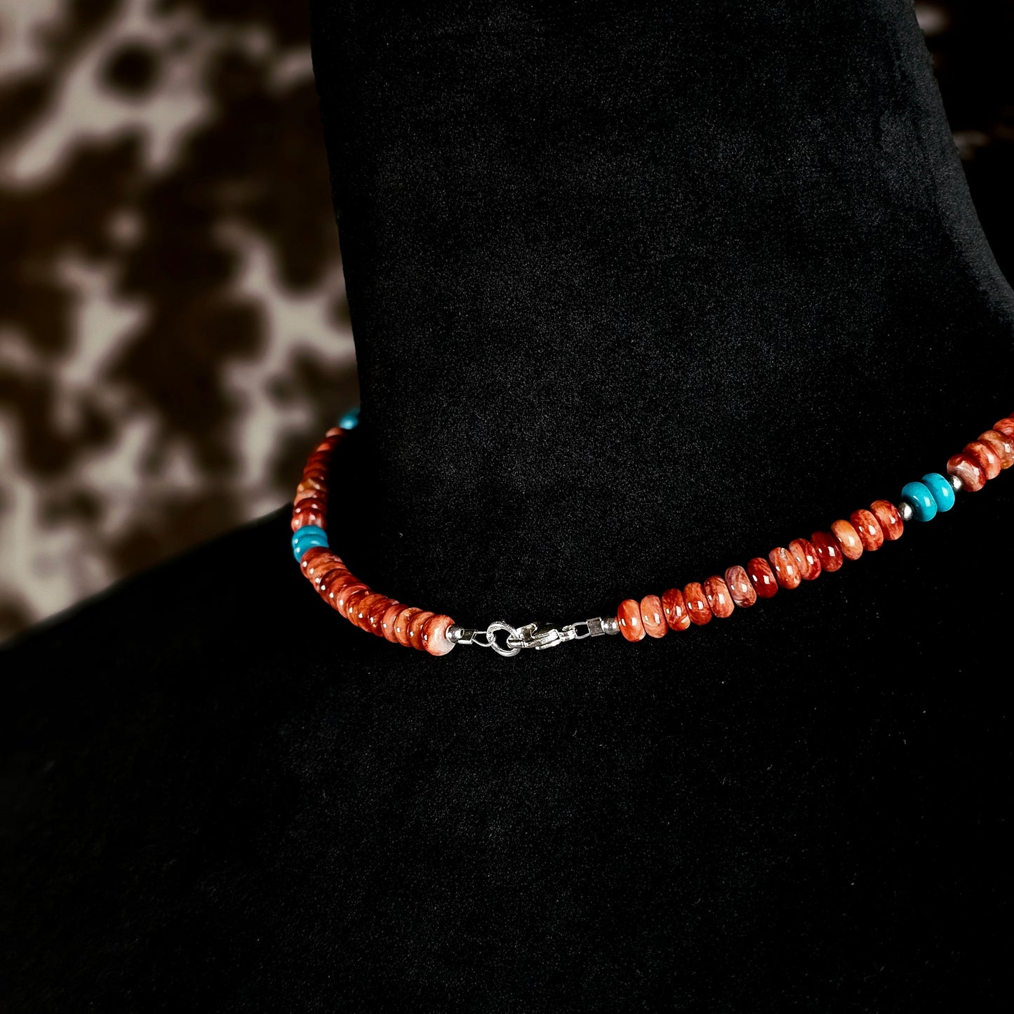 16in. Spiny Oyster Heishi Necklace w/ Kingman Turquoise and Navajo Pearls