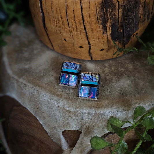 Zuni Earrings w/ Black Onyx, Kingman Turquoise, Opal, and Spiderweb Opal