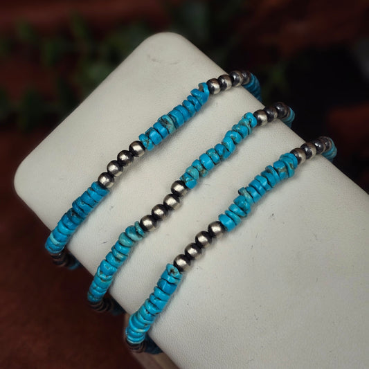 Navajo Pearl Stretch Bracelet w/ Kingman Turquoise Heishi Beads