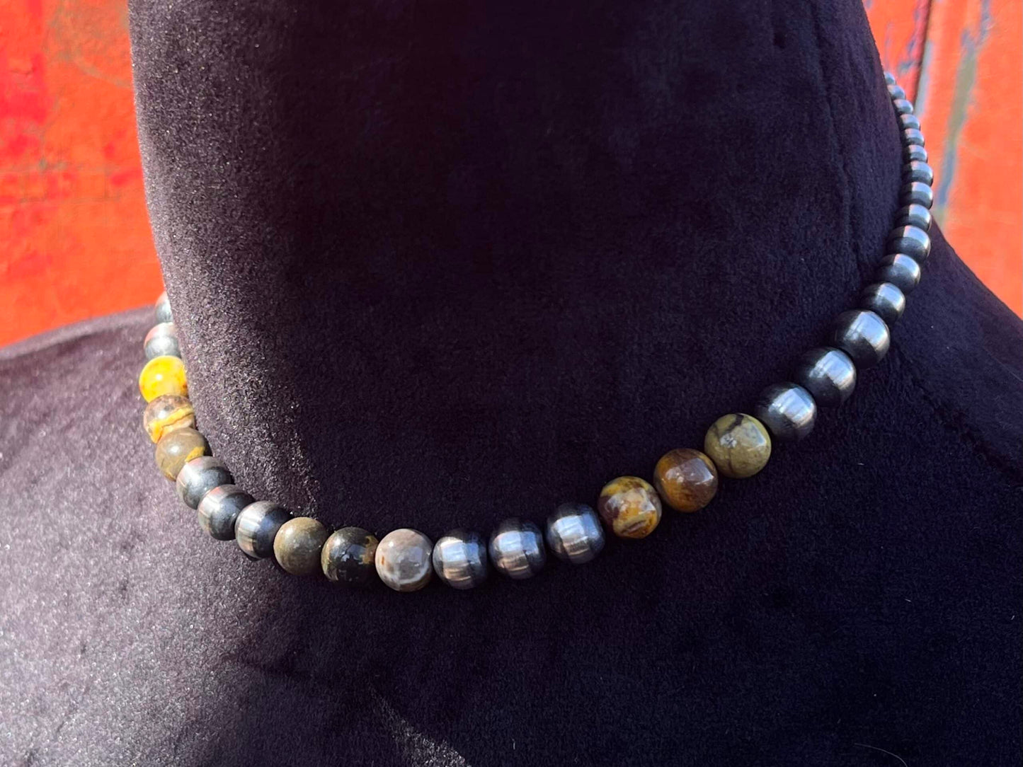 Navajo Pearl Necklace with Bumble Bee Jasper - 14"