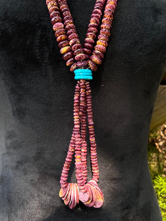 Kingman Turquoise and Spiny Oyster Lariat Heishi Necklace