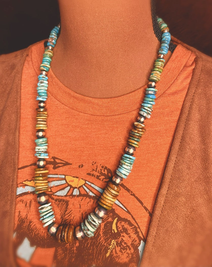 26in. Heishi Necklace w/ Royston Turquoise and Navajo Pearls