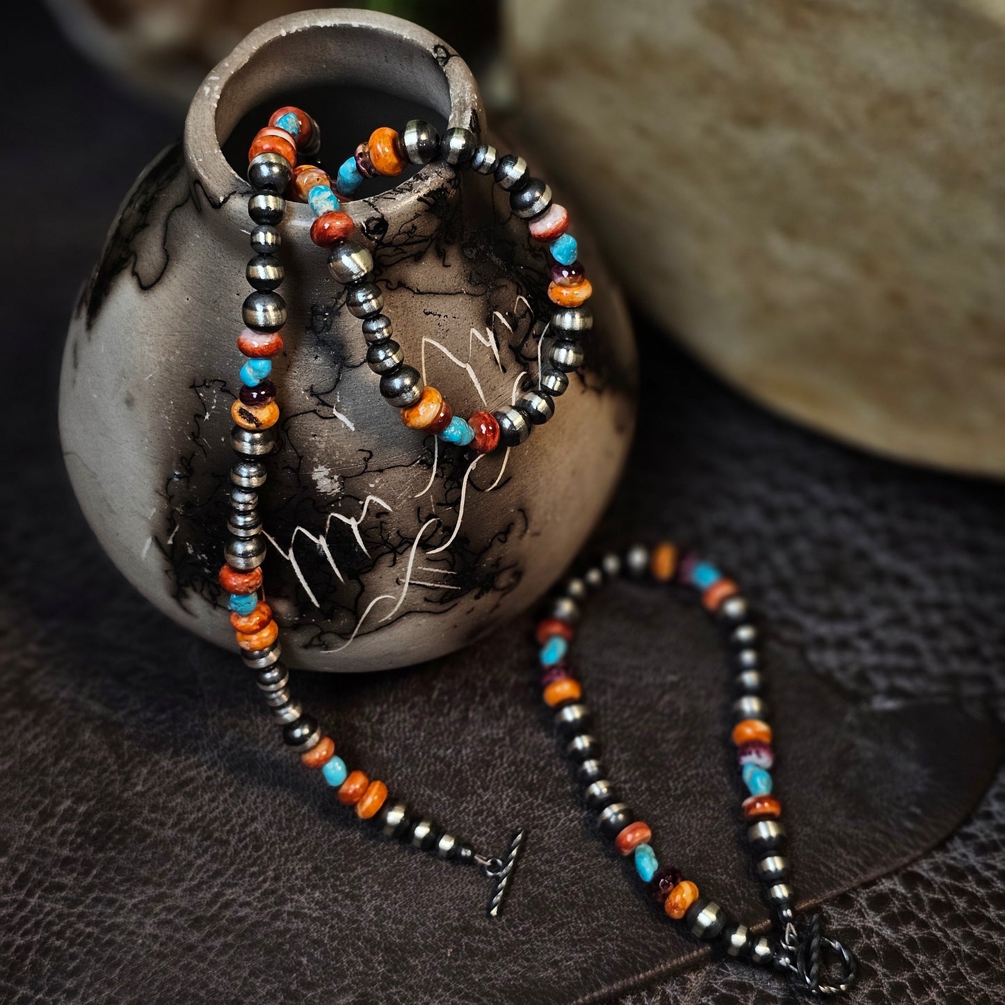 Navajo Pearl Bracelet w/ Kingman Turquoise and Spiny Oyster - Various Styles