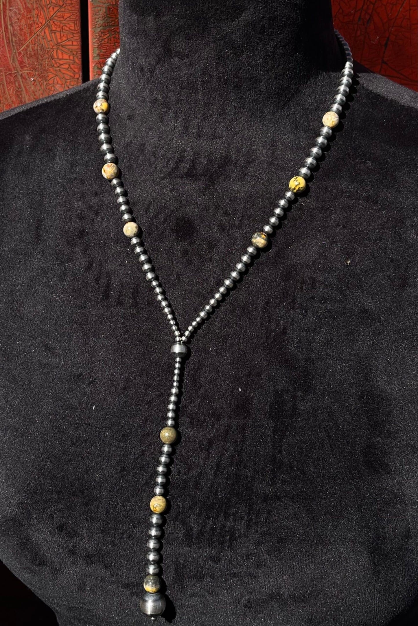 Navajo Pearl Lariat with Bumble Bee Jasper