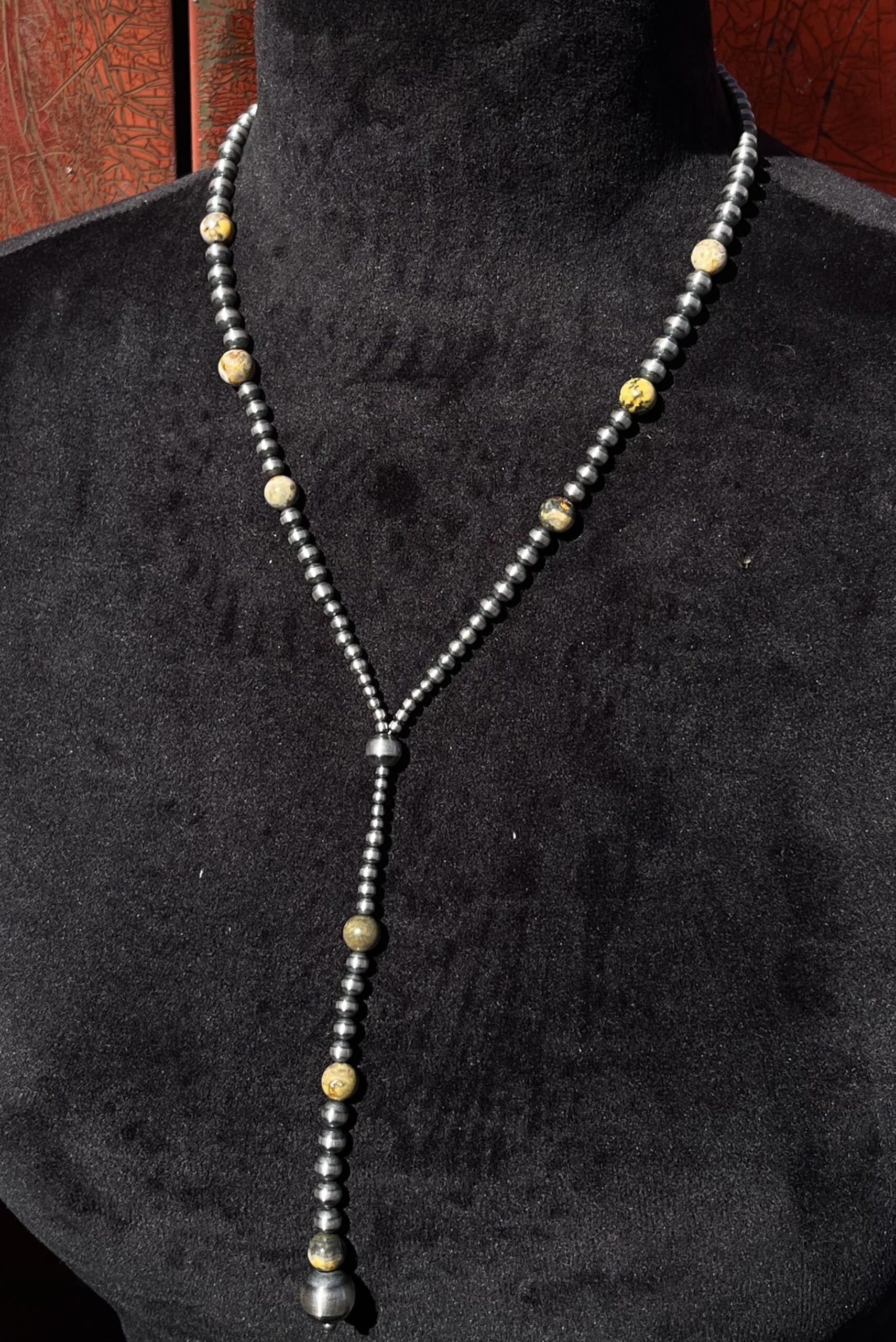 Navajo Pearl Lariat with Bumble Bee Jasper