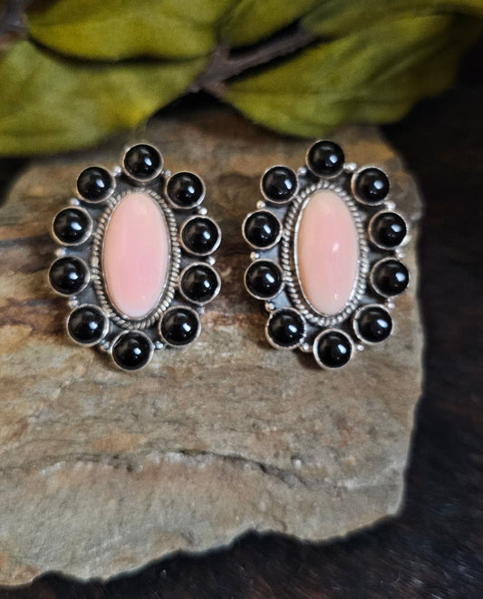 Black Onyx and Pink Conch Earrings