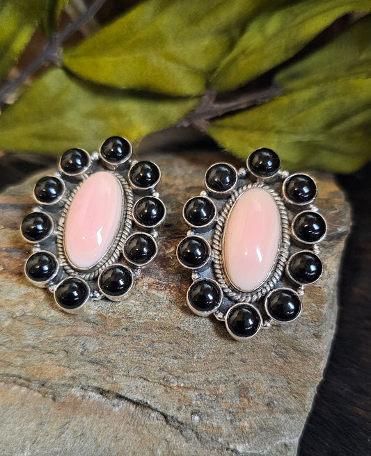 Black Onyx and Pink Conch Earrings