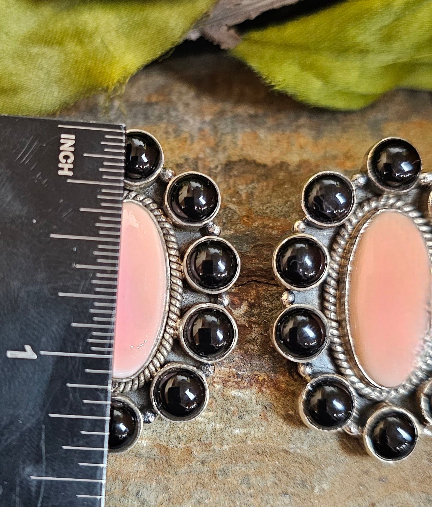 Black Onyx and Pink Conch Earrings