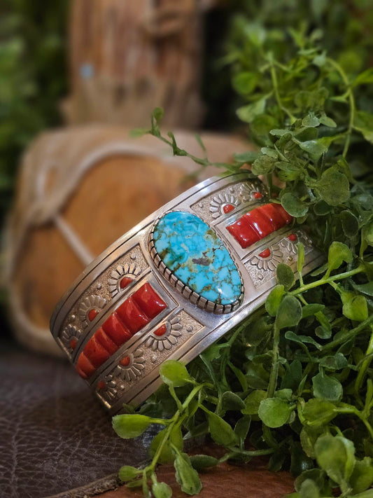 Zuni Bracelet w/ Coral and Kingman Turquoise