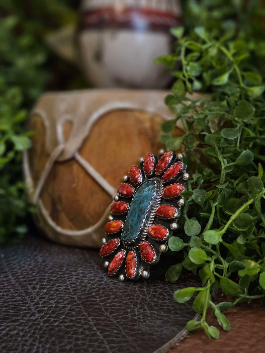 Adjustable Kingman Turquoise and Spiny Oyster Ring