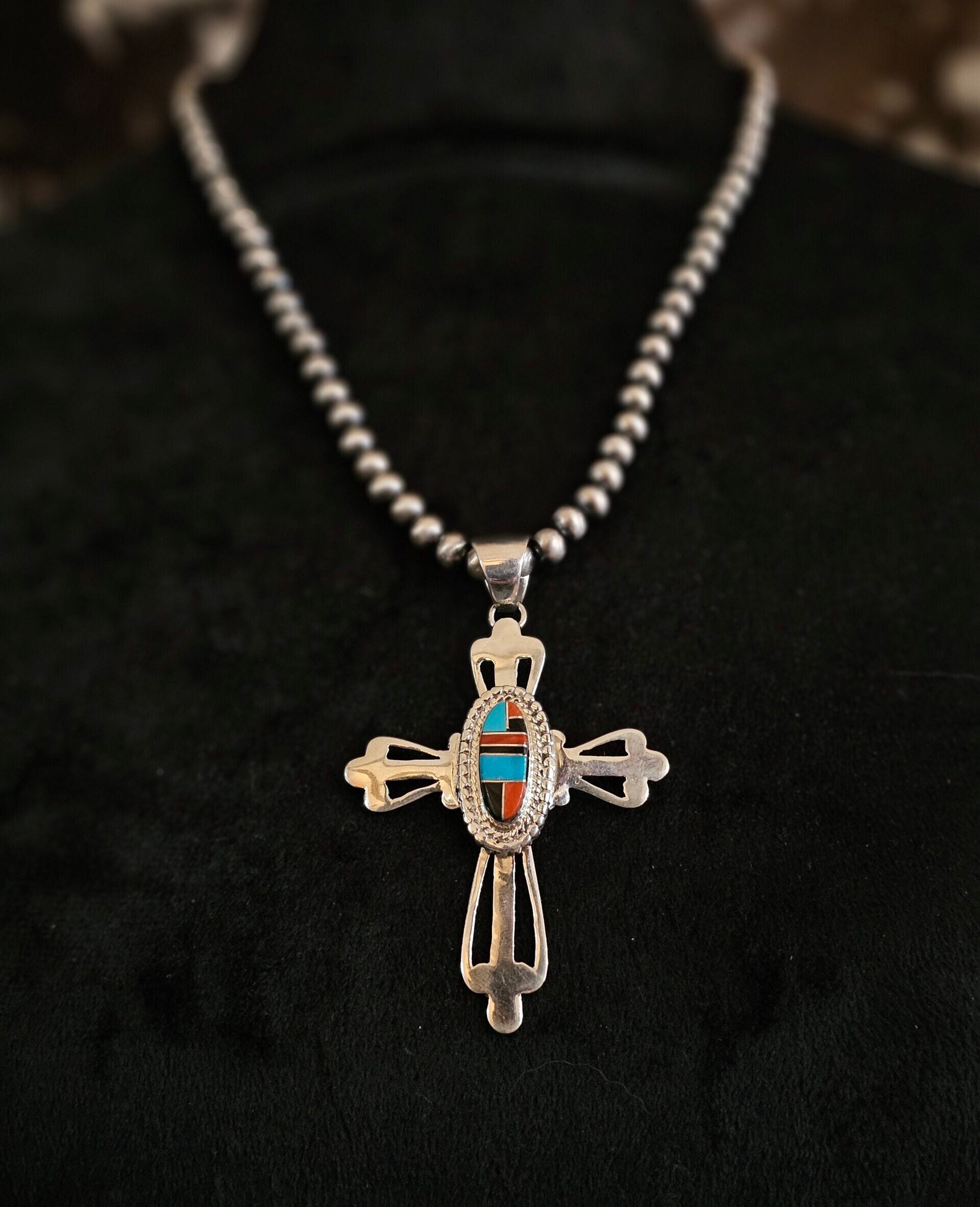 Zuni Necklace w/ Black Onyx, Coral, and Sleeping Beauty Turquoise Inlay