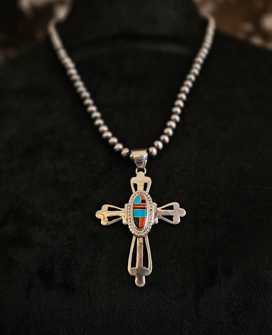 Zuni Necklace w/ Black Onyx, Coral, and Sleeping Beauty Turquoise Inlay