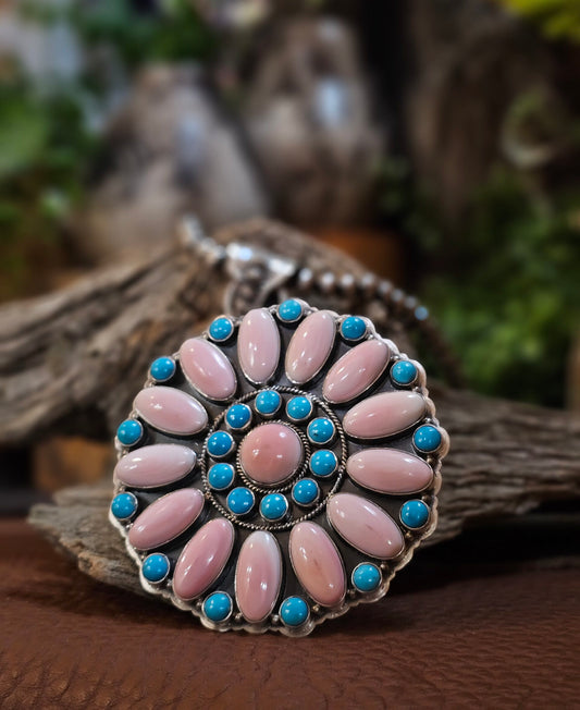 Pink Conch Necklace w/ Kingman Turquoise