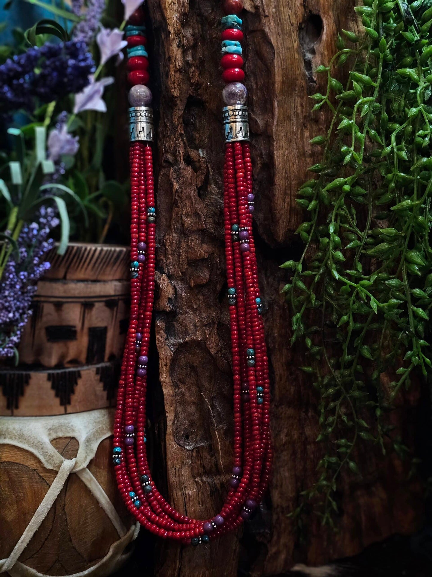 6-Strand Coral Heishi Necklace w/ Amethyst and Turquoise