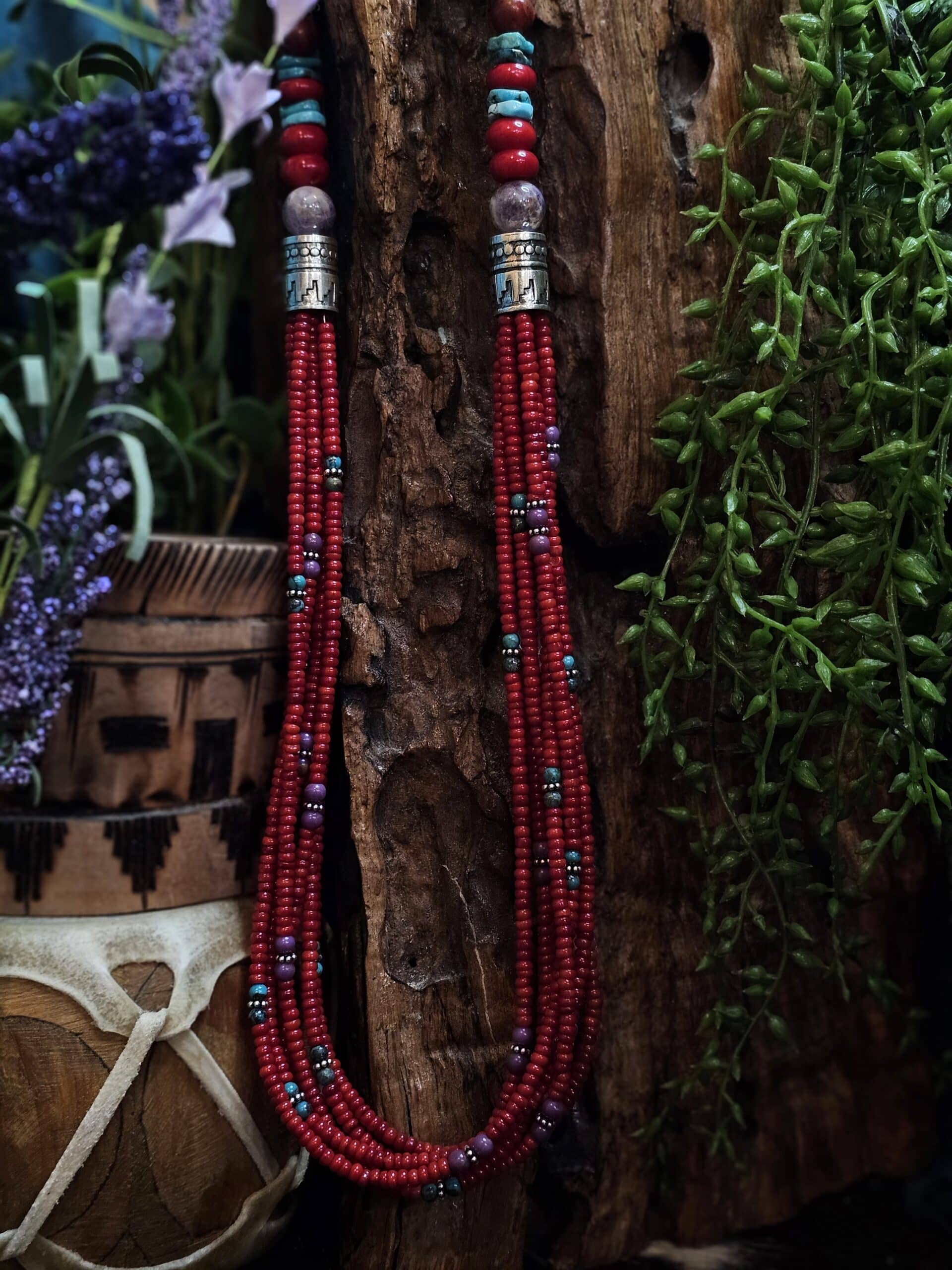 6-Strand Coral Heishi Necklace w/ Amethyst and Turquoise