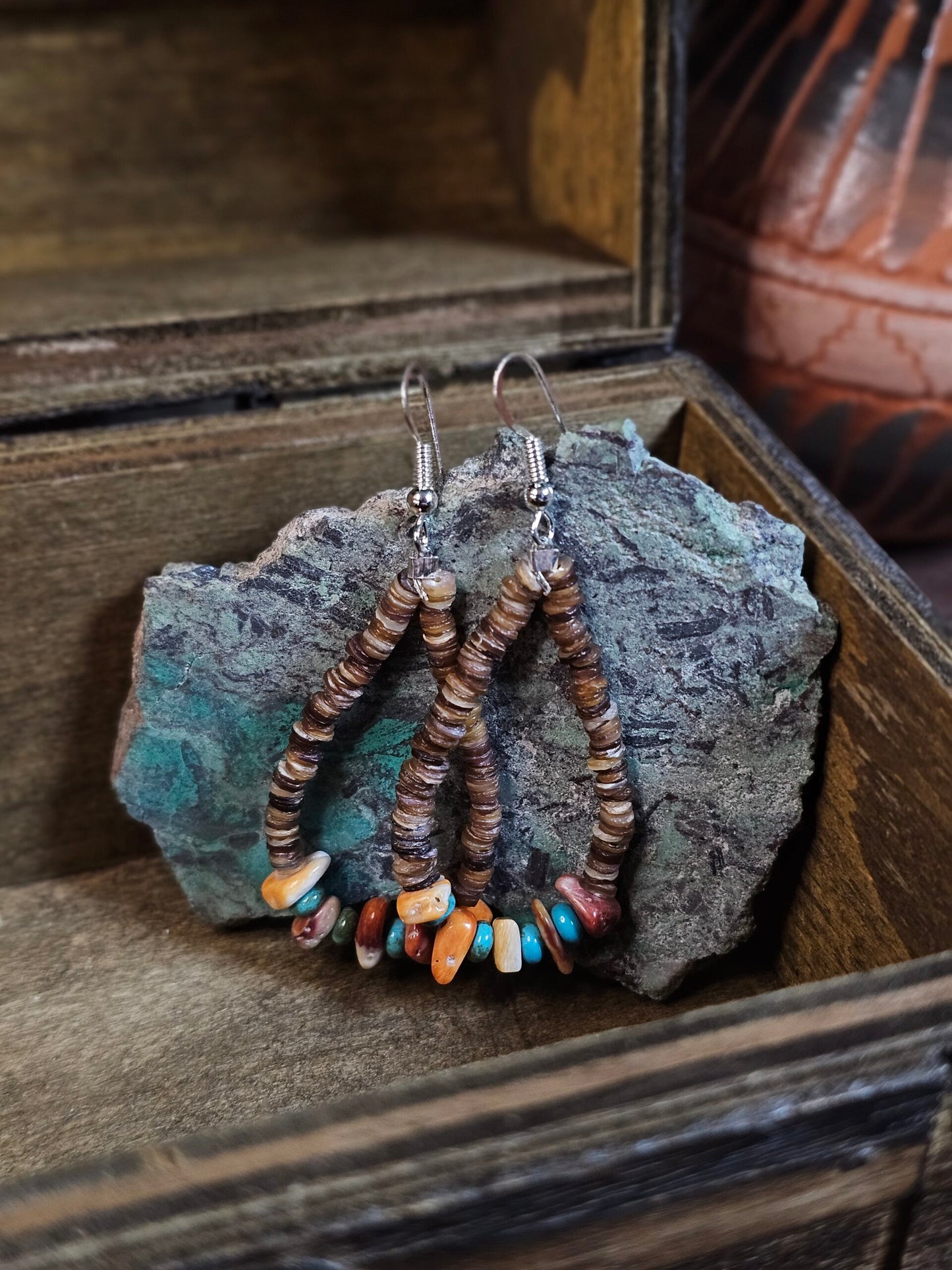 Spiny Oyster Heishi Earrings w/ Royston Turquoise - 1