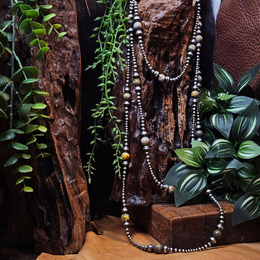 72in. Navajo Pearl Necklace w/ Bumble Bee Jasper