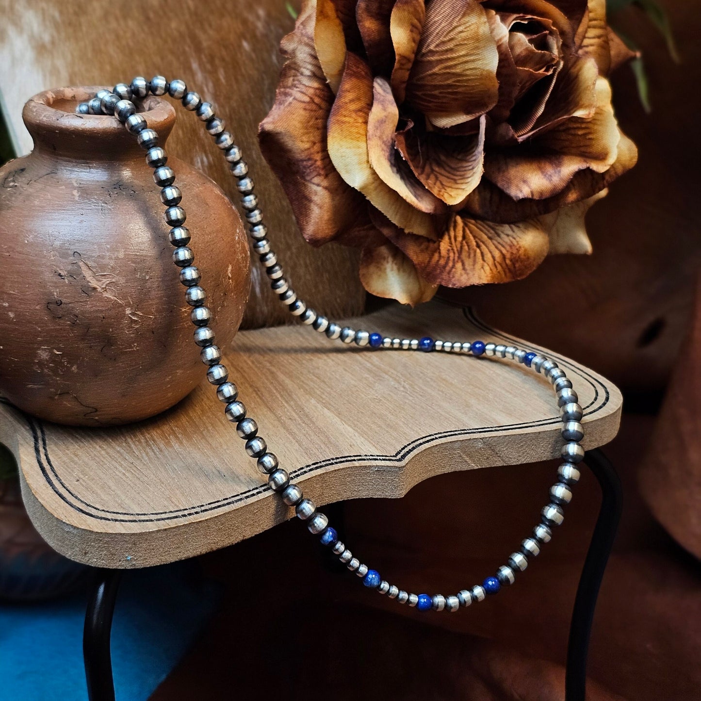 24in. Navajo Pearl Necklace w/ Blue Lapis