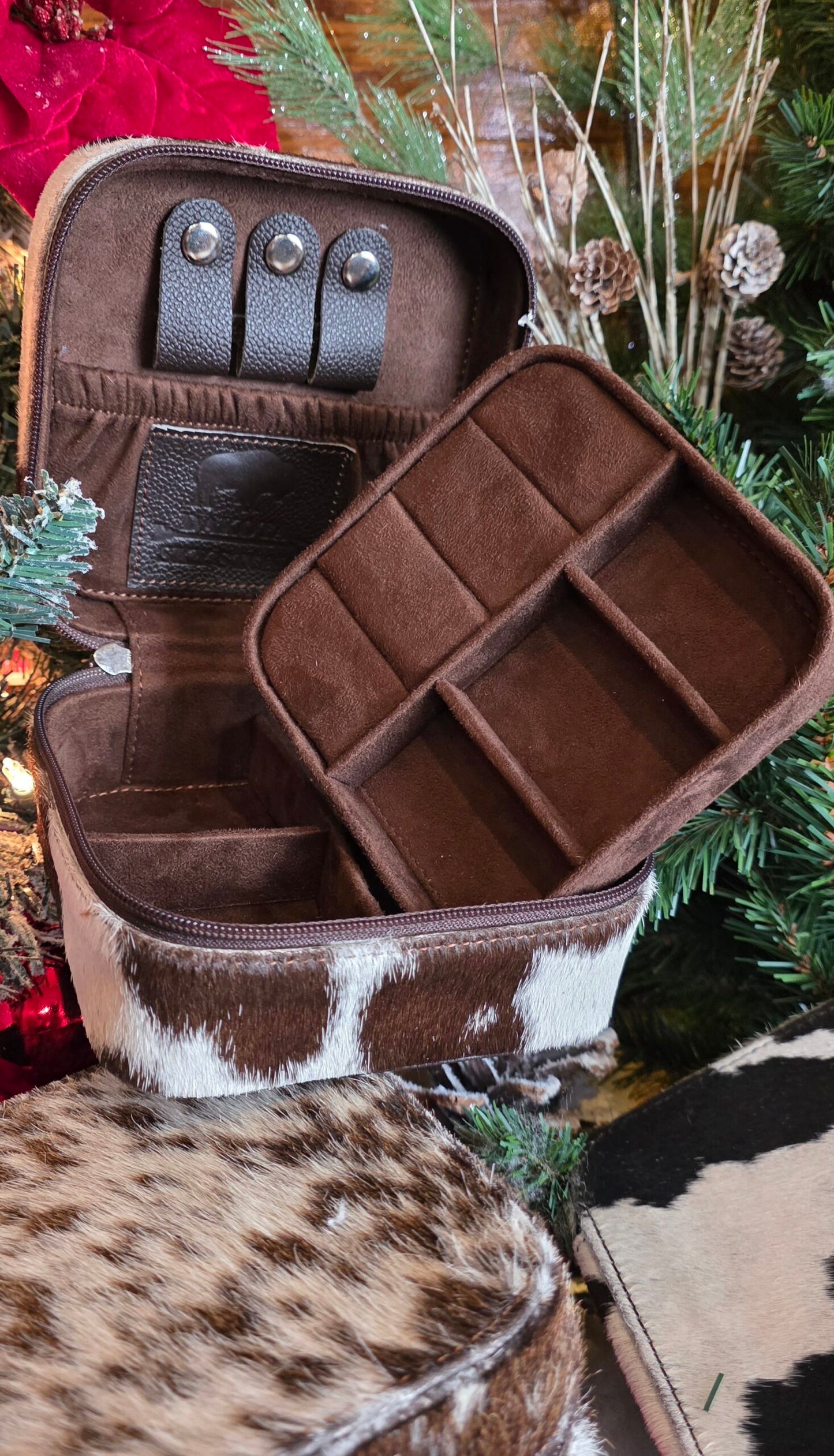 Classic Cowhide Travel Jewelry Box — Square - Brown