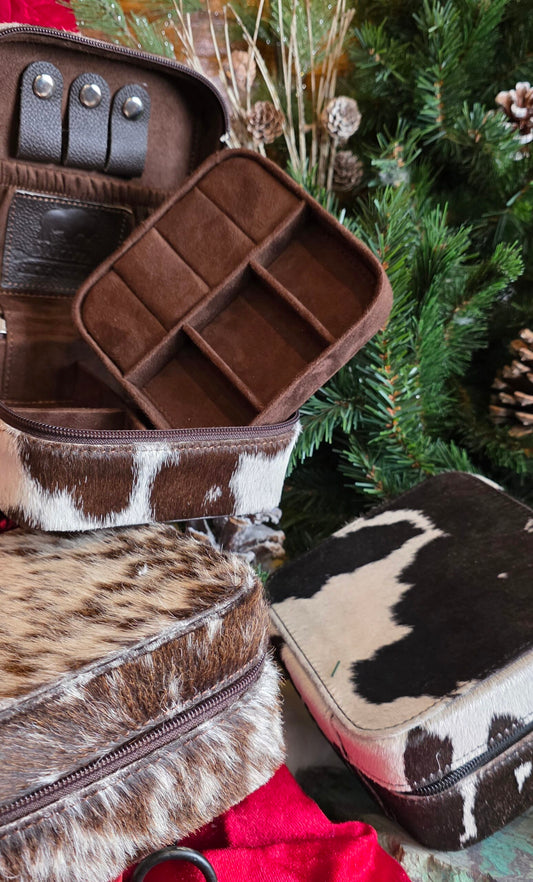 Classic Cowhide Travel Jewelry Box — Square