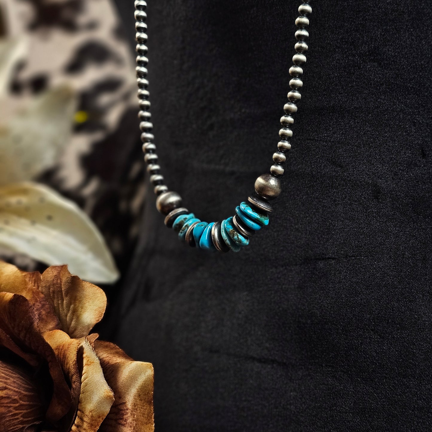 42" Navajo Pearl Necklace w/ Kingman Turquoise Heishi