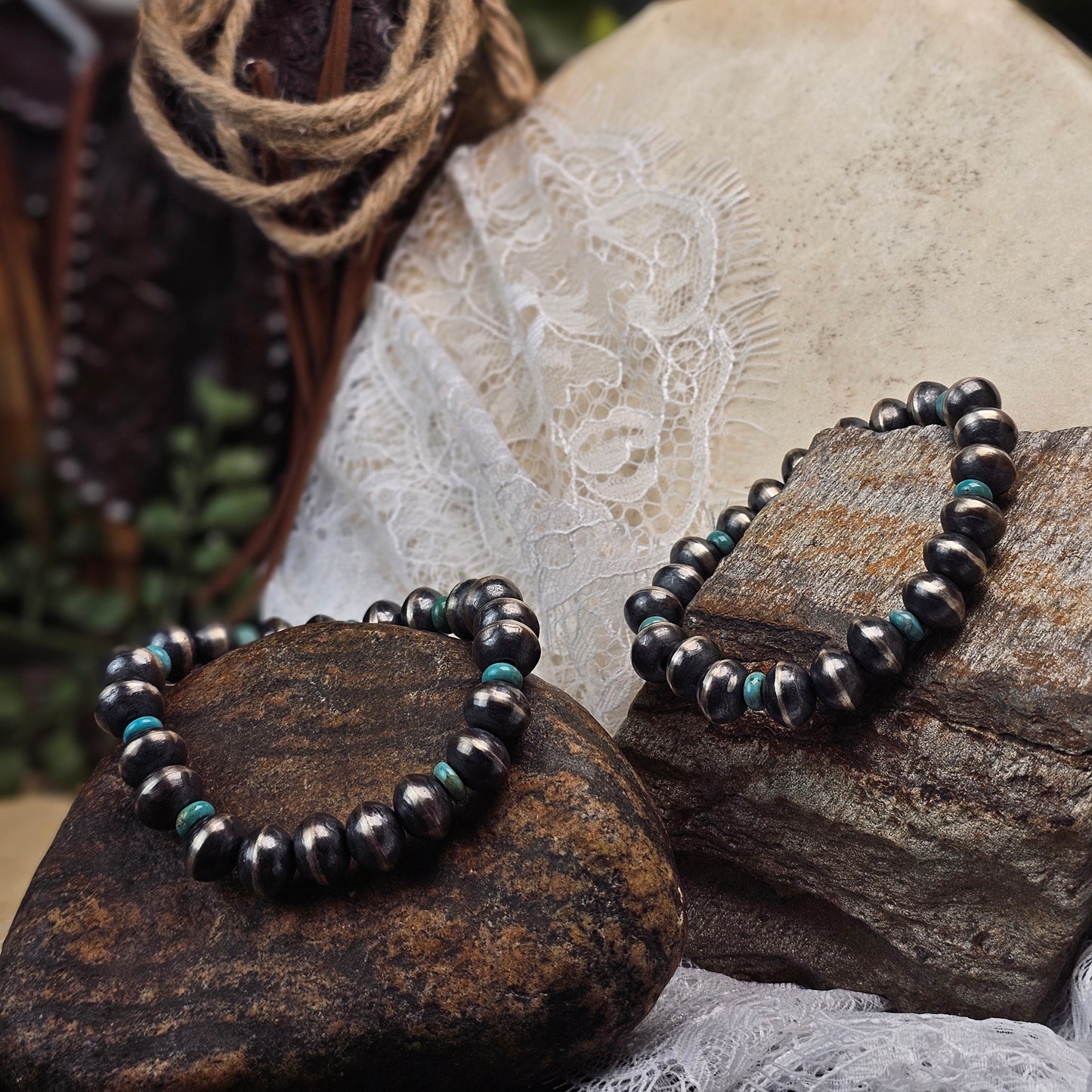 Navajo Pearl Stretch Bracelet w/ Royston Turquoise and Saucer Beads - Various Styles