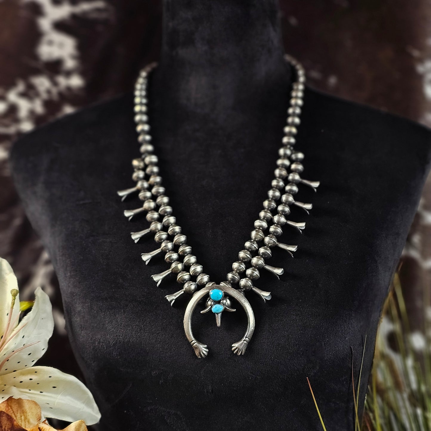 Vintage Sleeping Beauty Turquoise Squash Blossom w/ Handmade Bench Beads