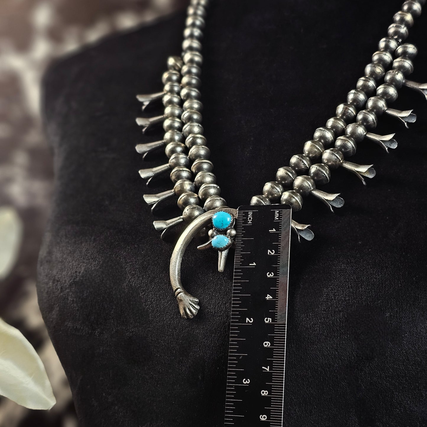 Vintage Sleeping Beauty Turquoise Squash Blossom w/ Handmade Bench Beads