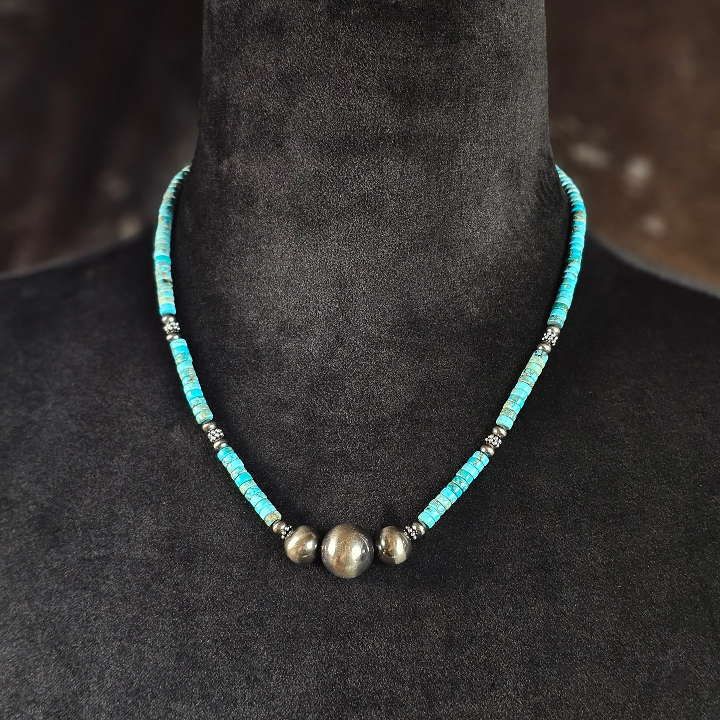 18in. Navajo Pearl Necklace w/ Kingman Turquoise Heishi Beads