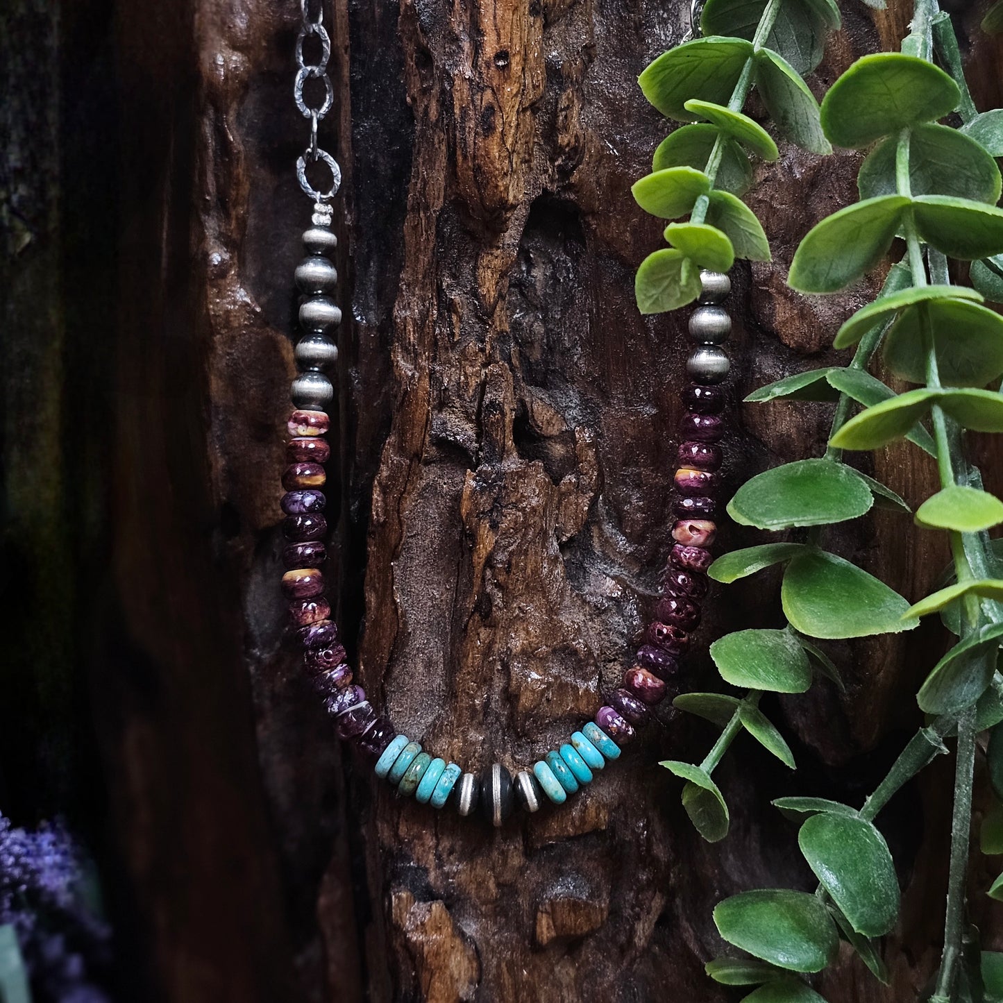 16in. Navajo Pearl Necklace w/ Kingman Turquoise and Spiny Oyster Heishi Beads