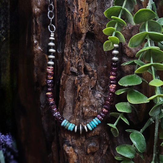 16in. Navajo Pearl Necklace w/ Kingman Turquoise and Spiny Oyster Heishi Beads