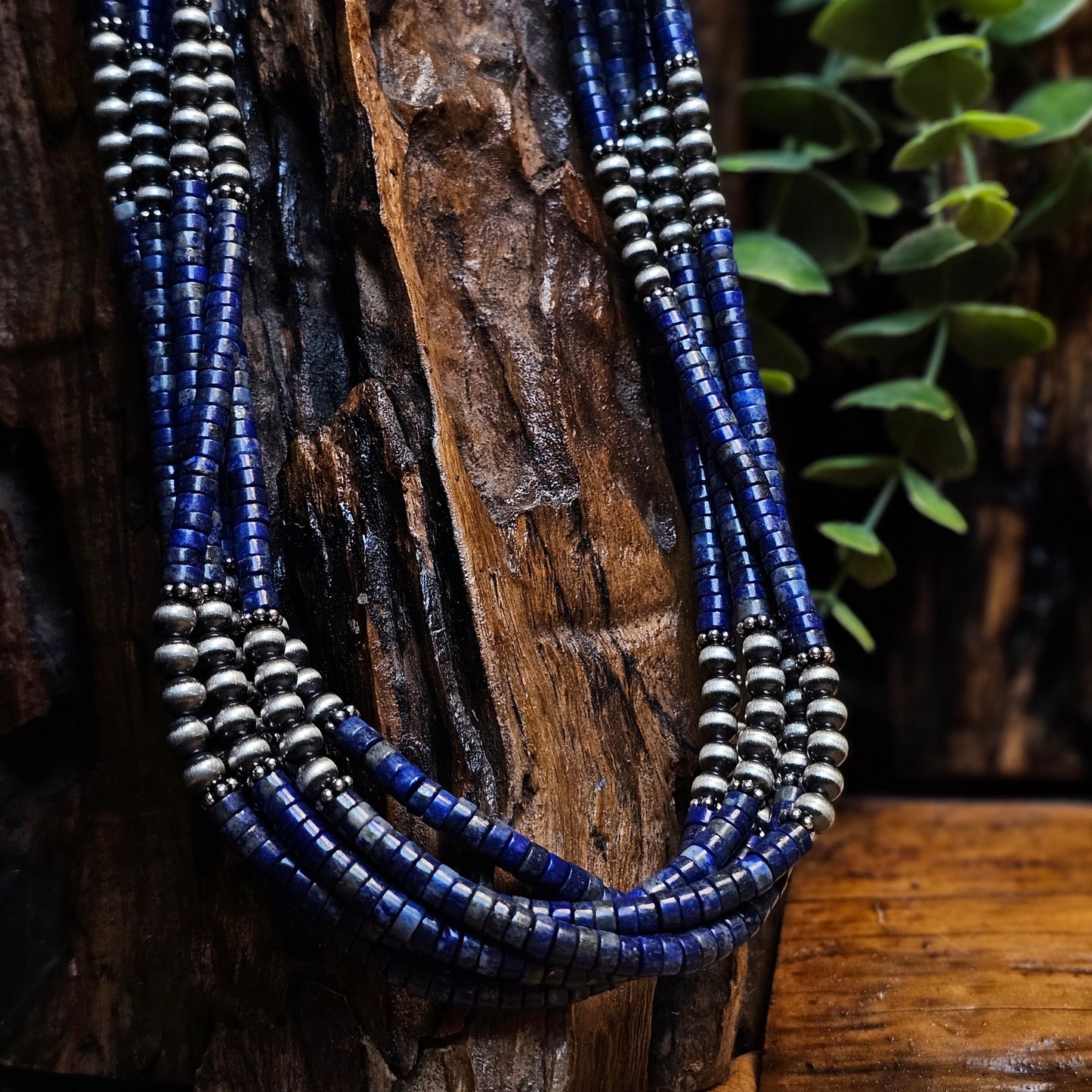 28in. Navajo Pearl 6-Strand Necklace w/ Blue Lapis Heishi Beads