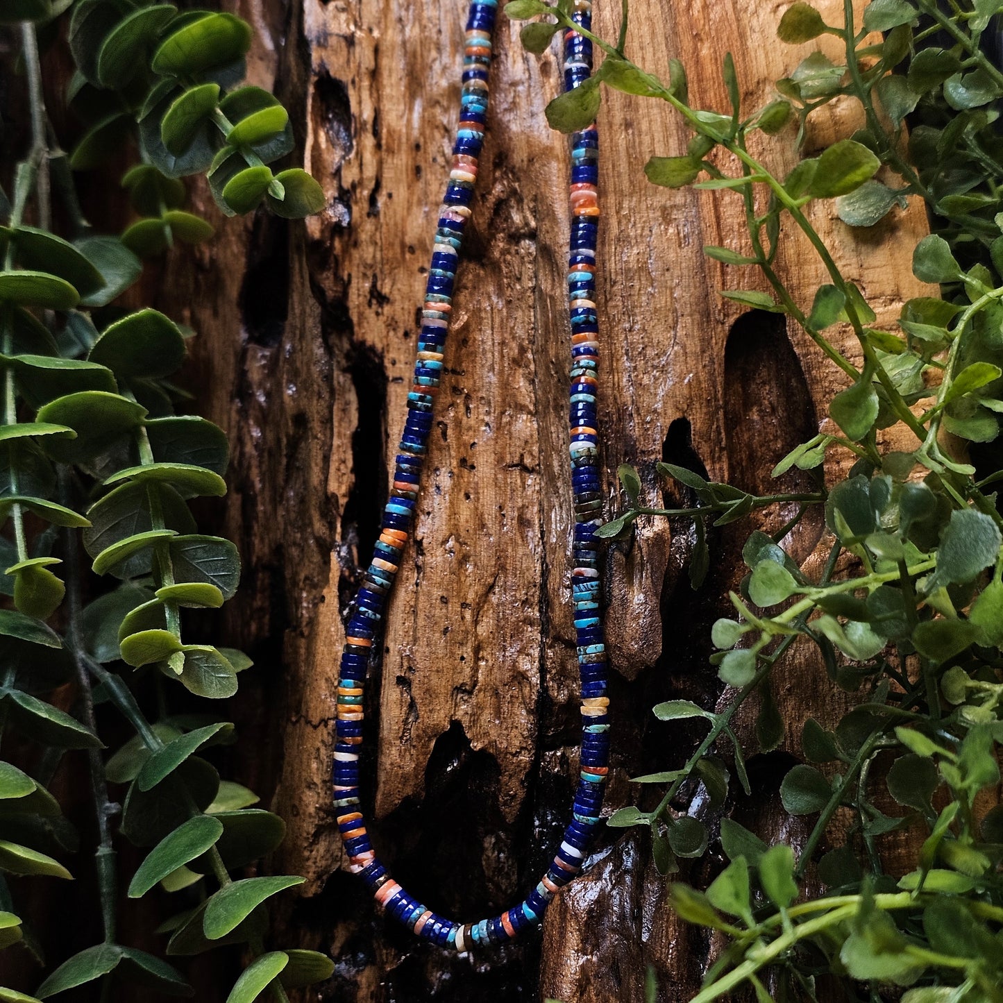 16in. Heishi Necklace w/ Blue Lapis, Kingman Turquoise, and Spiny Oyster