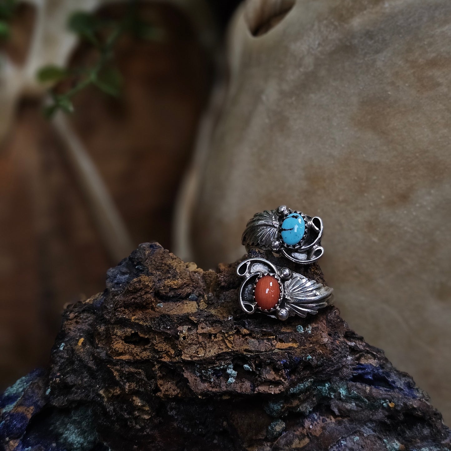 Adjustable Sleeping Beauty Turquoise Ring w/ Coral