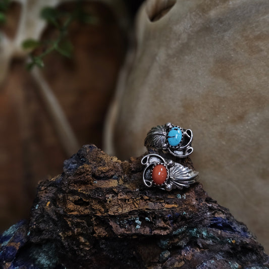 Adjustable Sleeping Beauty Turquoise Ring w/ Coral