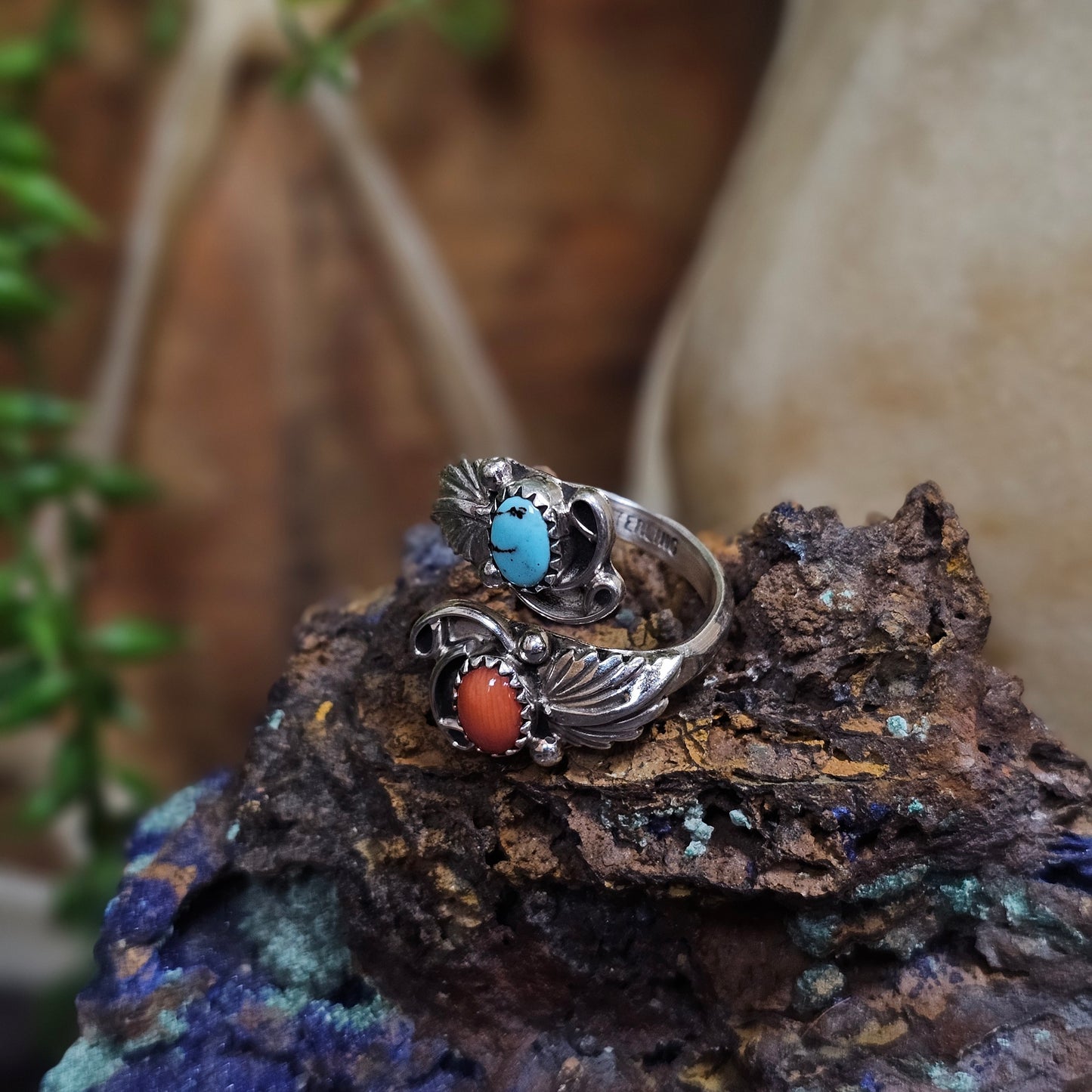 Adjustable Sleeping Beauty Turquoise Ring w/ Coral
