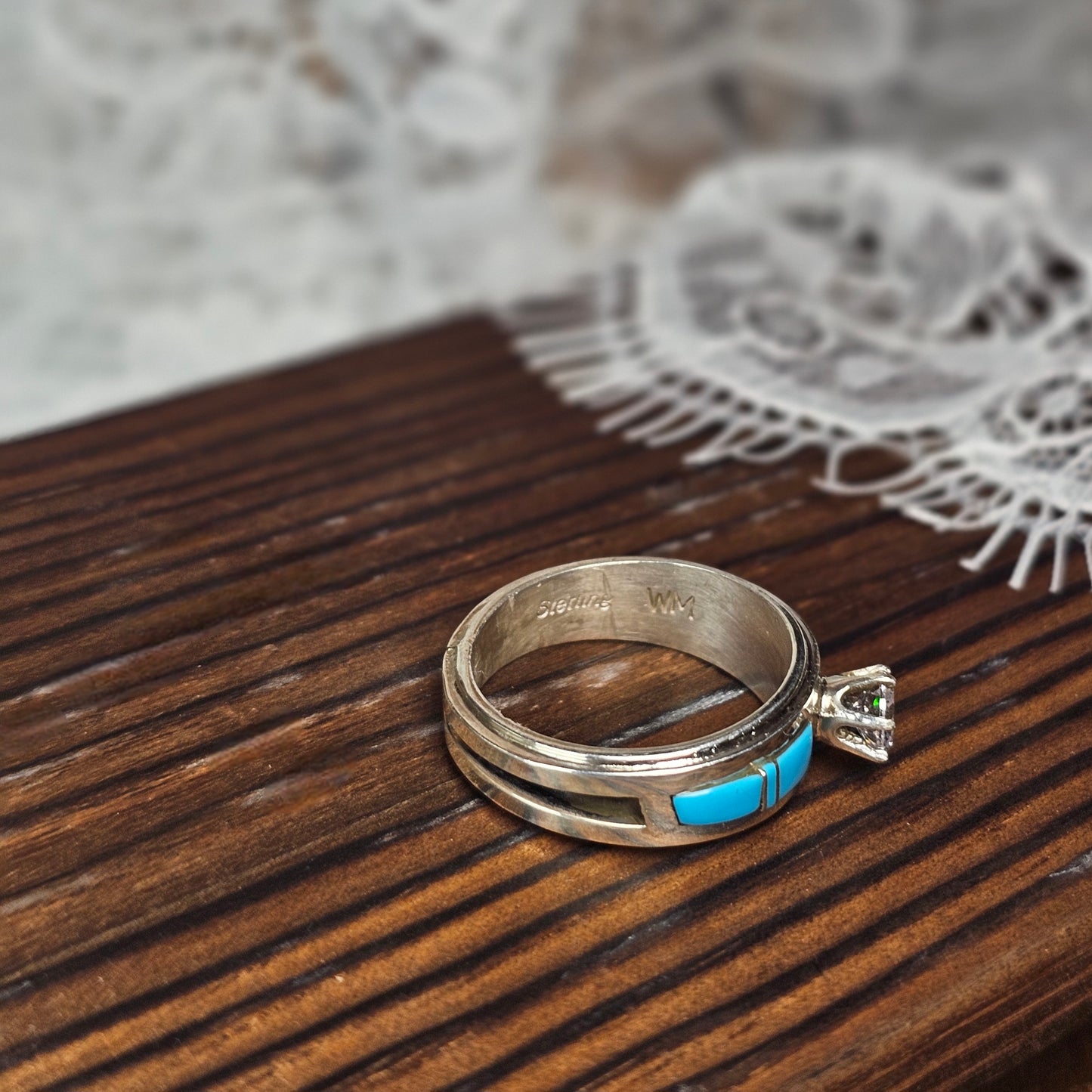 Sleeping Beauty Turquoise Ring w/ Cubic Zirconia - Size 8