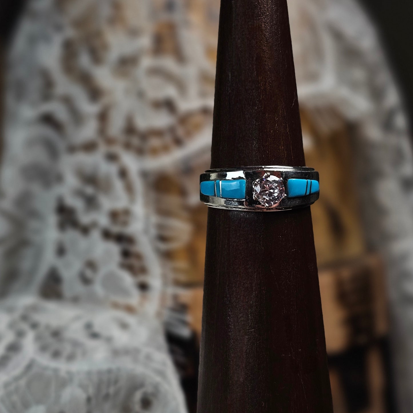 Sleeping Beauty Turquoise Ring w/ Cubic Zirconia - Size 8