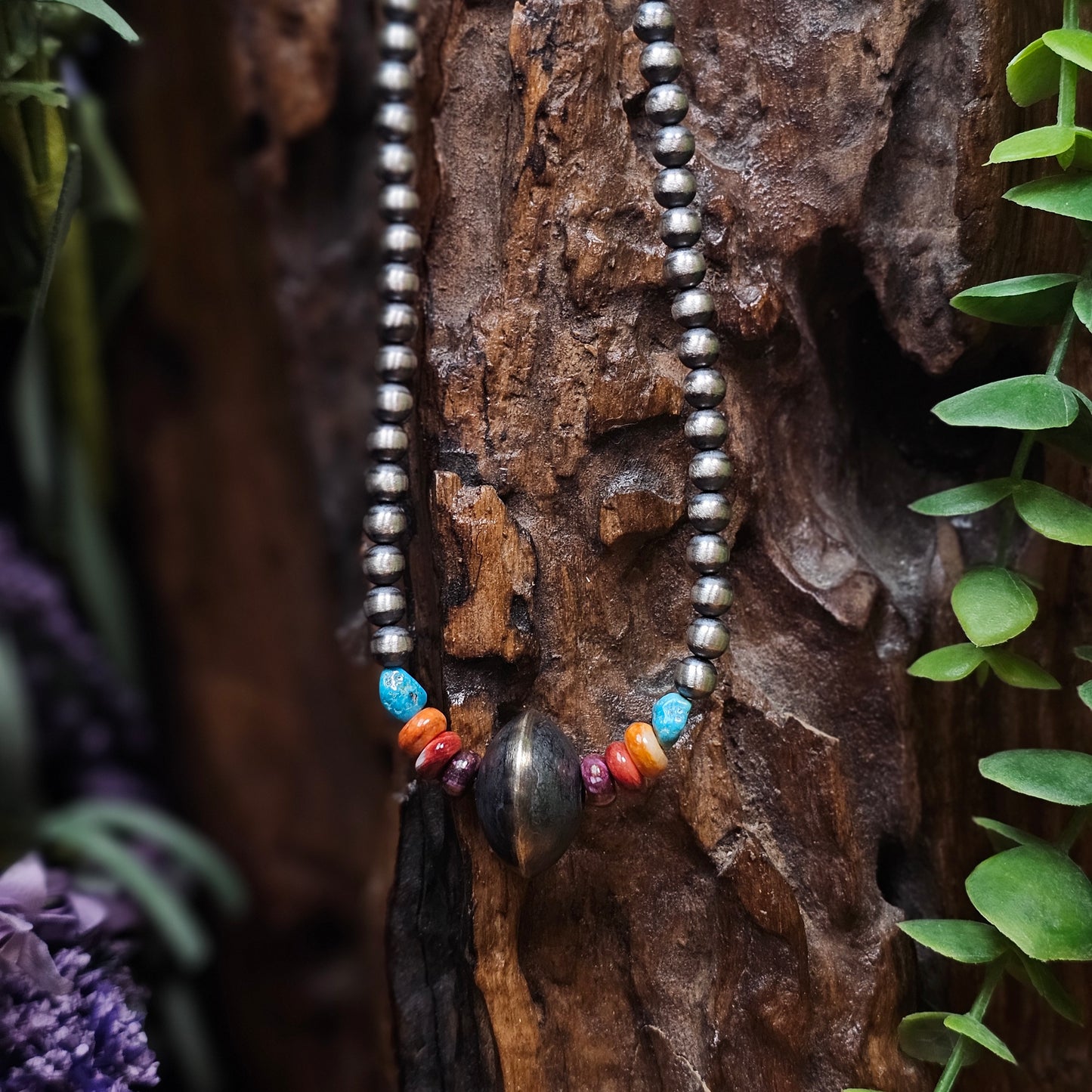 16in. Navajo Pearl Necklace w/ Saucer Bead, Kingman Turquoise, and Spiny Oyster