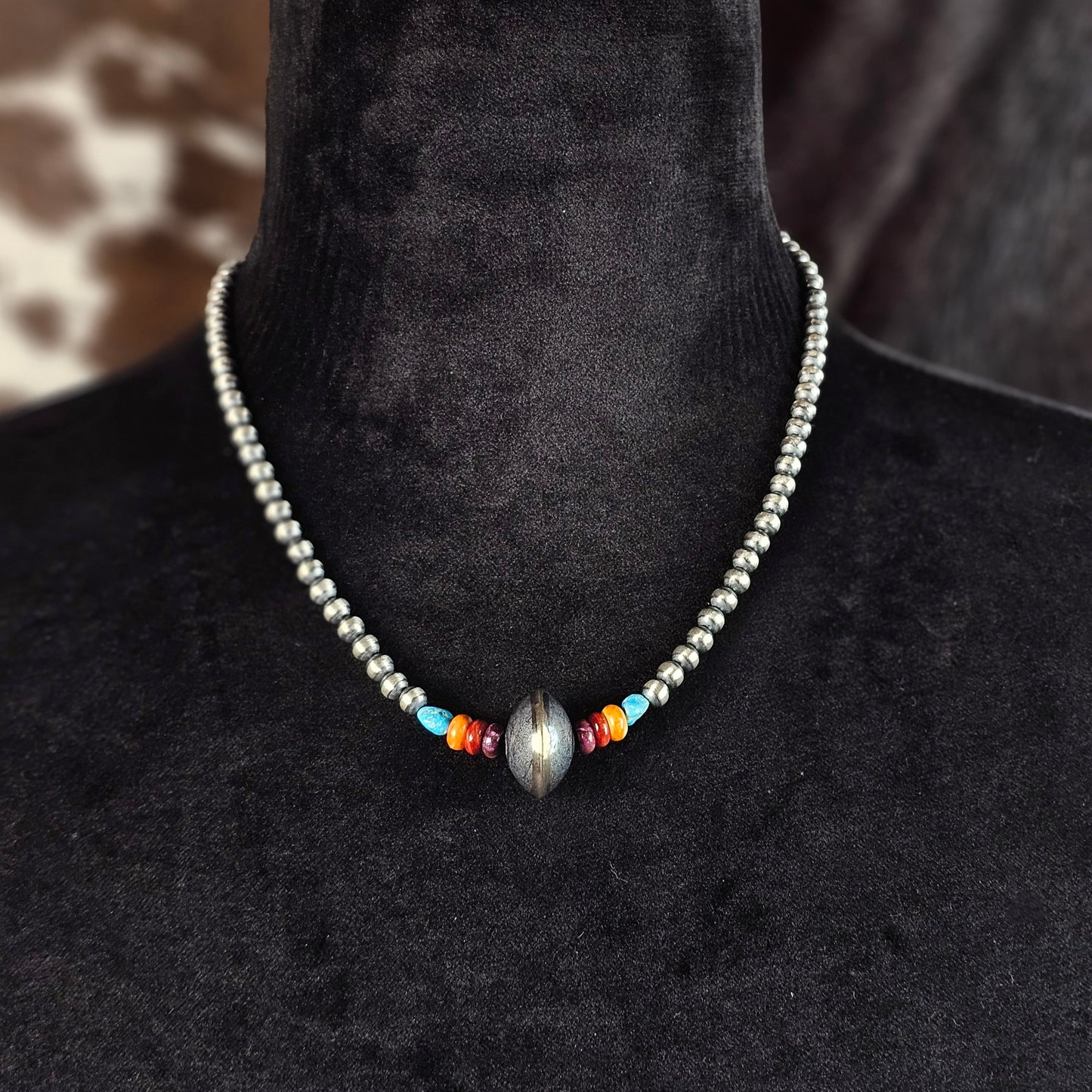 16in. Navajo Pearl Necklace w/ Saucer Bead, Kingman Turquoise, and Spiny Oyster