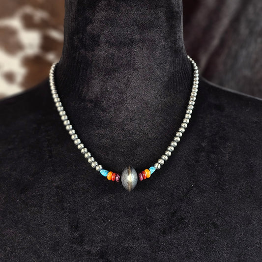 16in. Navajo Pearl Necklace w/ Saucer Bead, Kingman Turquoise, and Spiny Oyster