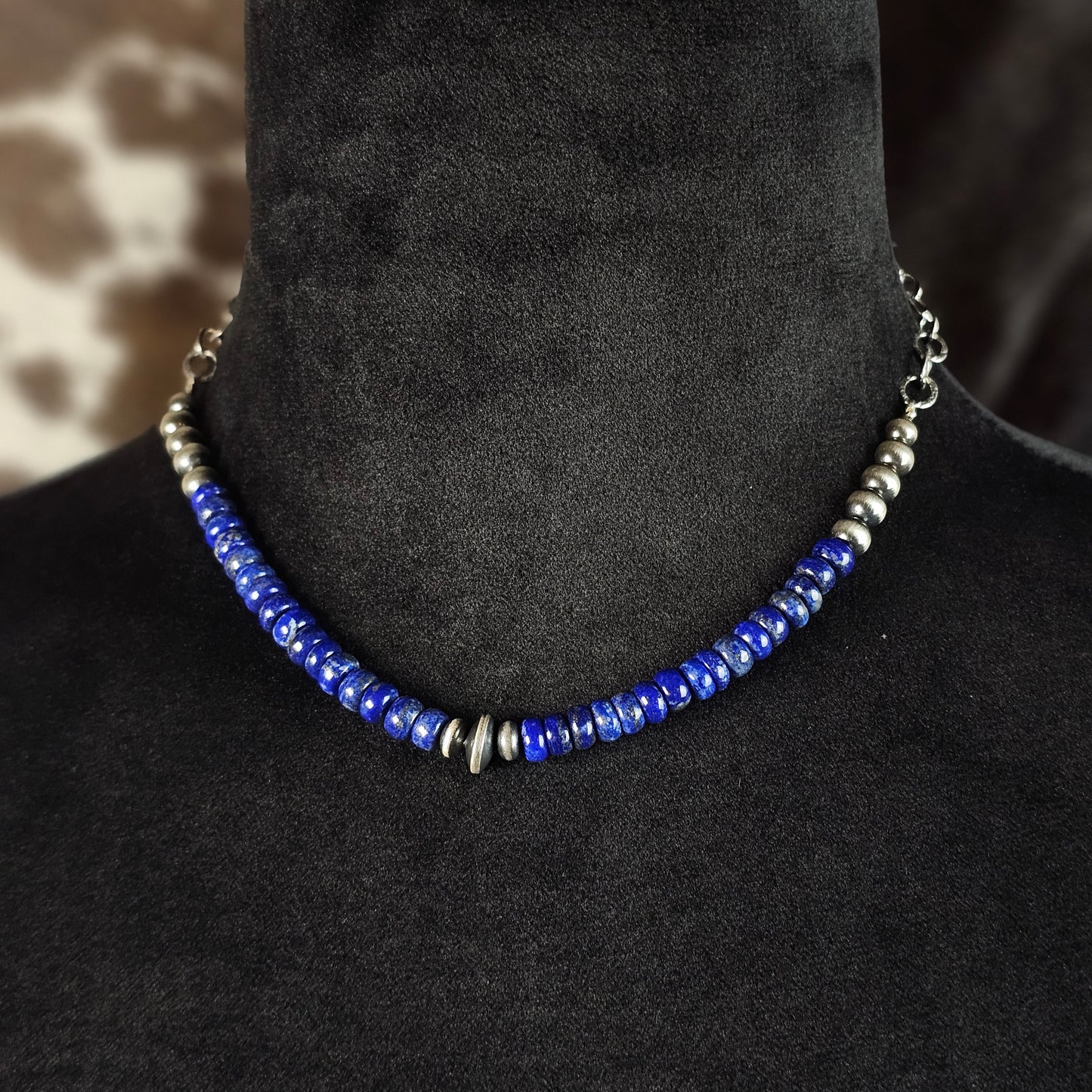 16in. Navajo Pearl Necklae w/ Blue Lapis Heishi Beads