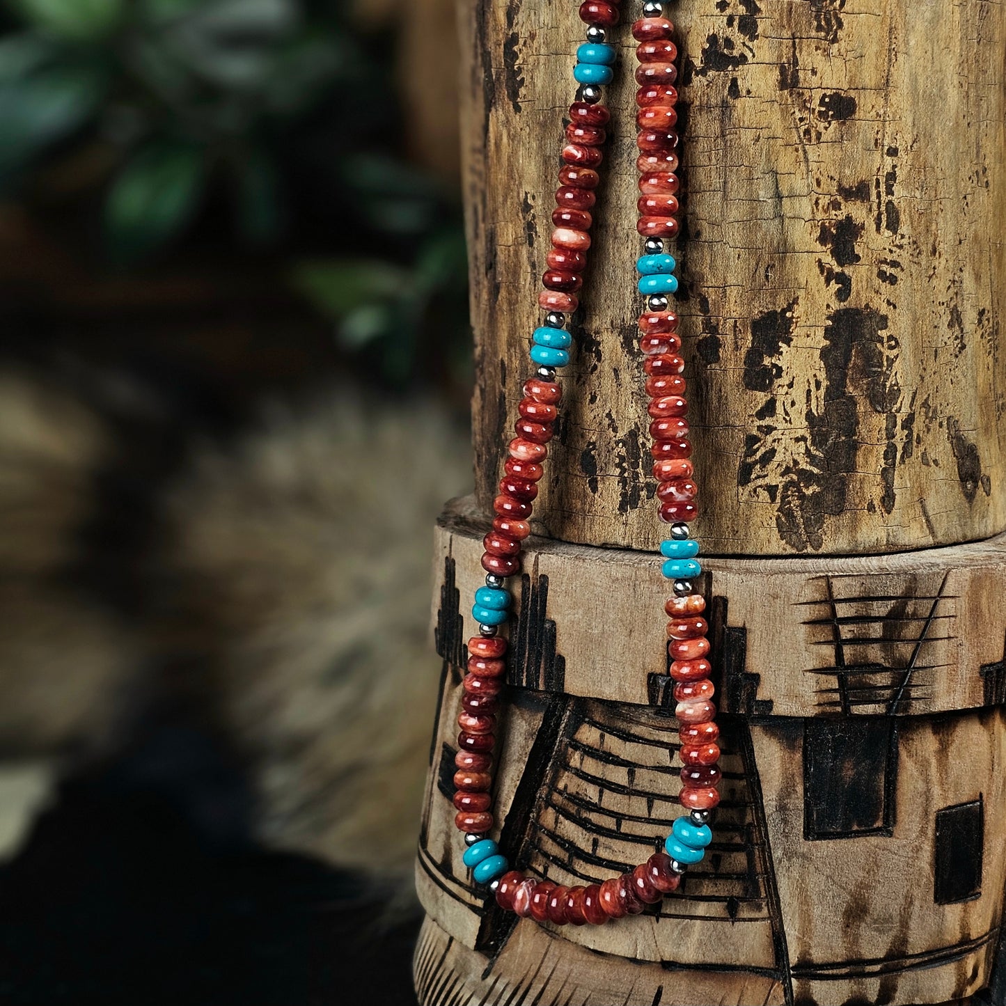 16in. Spiny Oyster Heishi Necklace w/ Kingman Turquoise and Navajo Pearls