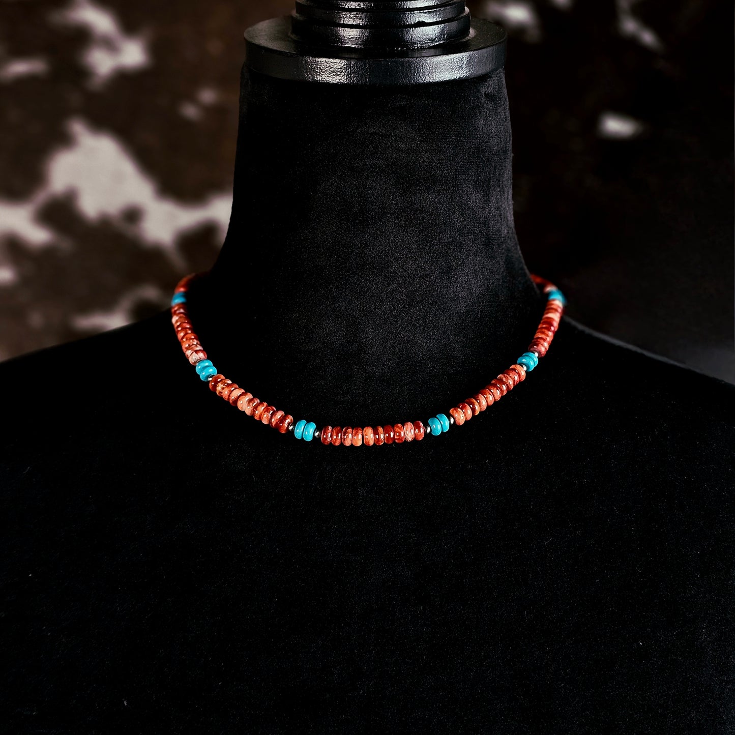 16in. Spiny Oyster Heishi Necklace w/ Kingman Turquoise and Navajo Pearls