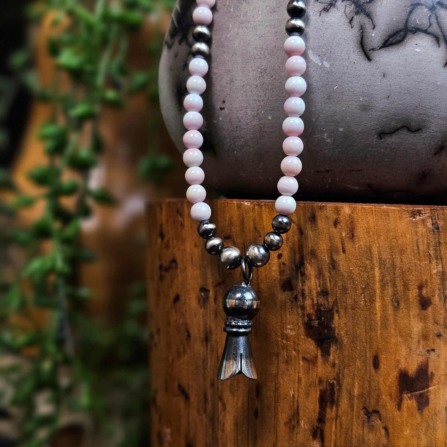 18in. Pink Conch Heishi Necklace w/ Bell Beads